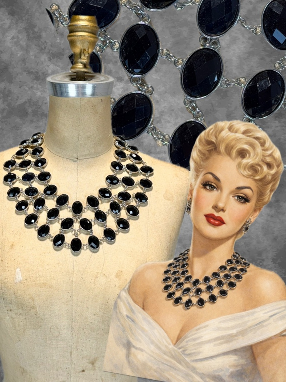VINTAGE waterfall‎ tiered strand statement necklace black gem formal glamorous